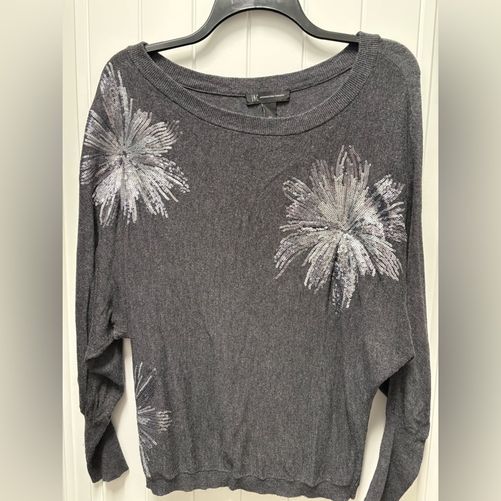 INC International Concepts Gray Sweater with Silver Floral Design